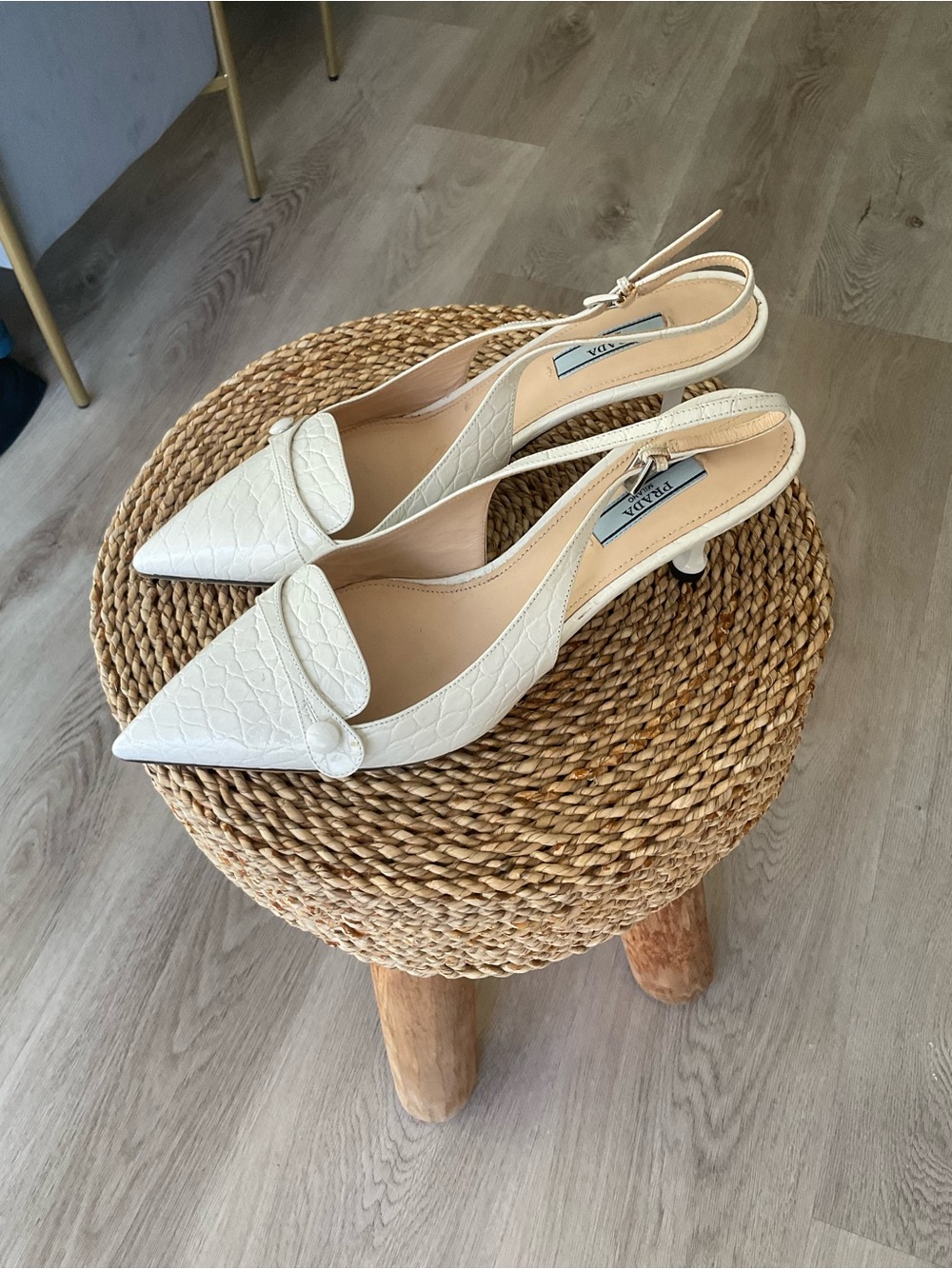 Prada white/Cream Textured Pointed Slingback Heels